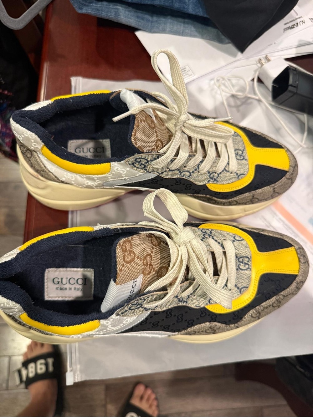 Gucci Yellow, Navy & Beige GG Supreme Sneakers